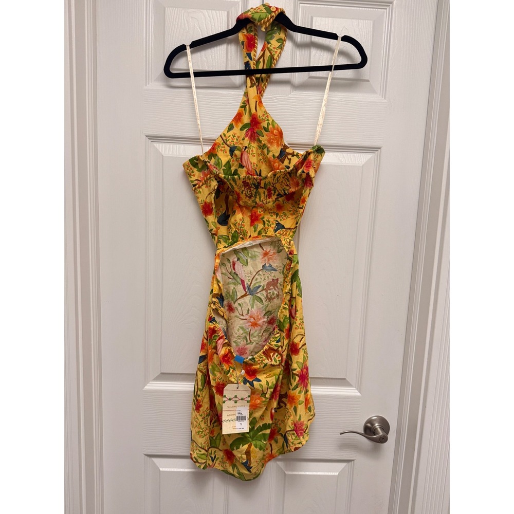 Farm Rio x Anthropologie Yellow Tropical Jungle Halter Mini Dress Size M NWT - Picture 4 of 6